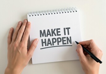 Close up of a person holding a pen and writing the motivational phrase make it happen on a blank spiral notebook page