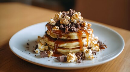 A decadent tower of fluffy pancakes drizzled with melted caramel sauce topped with rich chocolate chunks and crunchy popcorn served on a warm wooden table