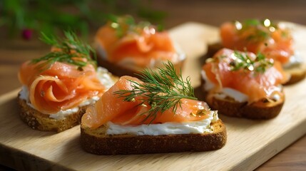 Delicious and visually appealing smoked salmon toast topped with creamy cheese and fresh dill presented on a rustic wooden surface with natural lighting