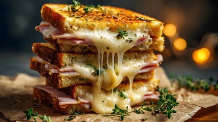 A delicious grilled sandwich featuring layers of melted cheese and savory ham garnished with fragrant fresh herbs and served on crisp golden brown toasted bread