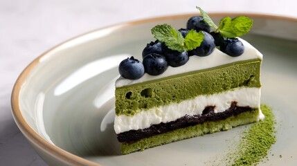 A delectable slice of layered matcha mousse cake featuring a green tea sponge base a creamy white mousse center and a chocolate layer topped with fresh blueberries and vibrant mint leaves