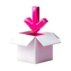 A white 3D box with a bright pink downward arrow falling into the open interior on a clean white background with a soft textured surface