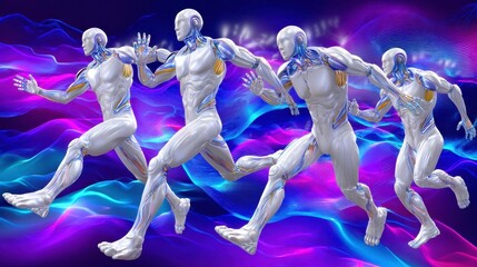 AI Robots Running Race, Future Technology, Artificial Intelligence Concept, 3D Render