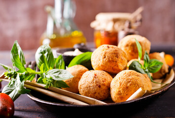 Overhead image of arabic snack falafel in the form of chickpea balls with spices.