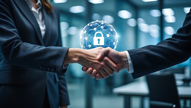 A man and woman shake hands, a glowing globe with a lock symbol appears above