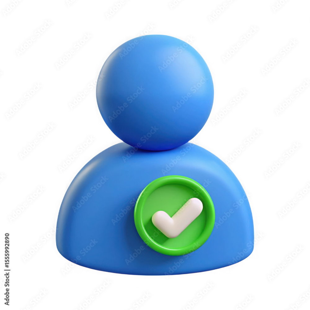 Poster stylized 3d blue user icon with a green circle and white checkmark symbol isolated on transparent ba