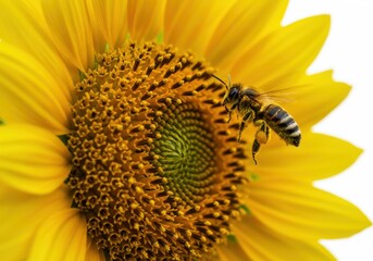 Bee collecting pollen from a sunflower on white background