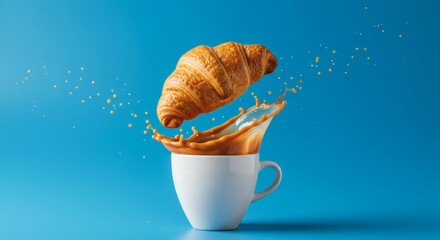 A croissant levitating above a white coffee cup with a dramatic splash, set against a clean blue background, surreal breakfast concept blending motion.