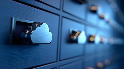 Close up view of a modern blue filing cabinet with drawers marked by raised 3D cloud icons suggesting digital file organization and cloud based storage in a corporate workplace setting