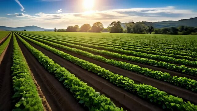 Green crops in rows under a bright sky, agricultural field with parallel lines, sunny day over farmland, food production scenery