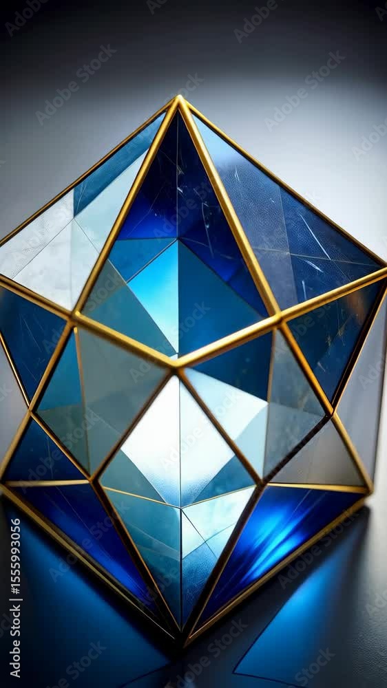 Poster abstract blue and gold crystalline geometric structure with triangle facets and reflective surface, 