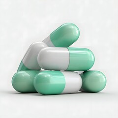 A stack of glossy mint green and white medication capsules and tablets against a clean white background