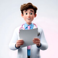 Cheerful 3D cartoon male doctor in a white medical coat with light blue and pink accents holding a paper or document with a friendly smile on a soft white background