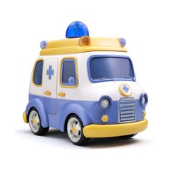 Colorful toy like 3D render of a cute emergency ambulance vehicle with a blue siren light and yellow and white body