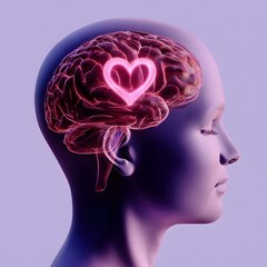 A 3D rendering of a human head in profile view with a glowing pink heart symbol within the brain area symbolizing the emotional and psychological connection between cognition and the heart