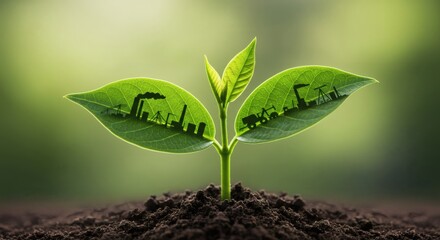 A surreal green seedling with city and industry silhouettes cut into its leaves, blending nature and human development, symbolizing sustainability.
