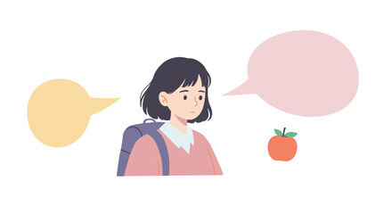Obraz premium Girl ignored by classmates looking thoughtful with backpack and apple 
