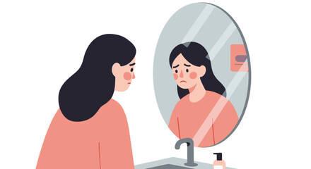 Fototapeta premium Girl looking into bathroom mirror upset, feeling emotional and worried 