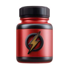 A compact 3D icon depicting a shiny red and black plastic battery or energy container with a lightning bolt symbol set against a white background