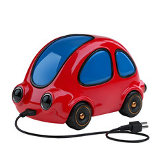 A stylized compact 3D electric car icon in a glossy red color with blue and a black charging cable ending in a plug conveying a sense of modern eco friendly technology and playful accessible design
