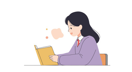 Girl reading aloud in class with a smile while seated at a desk  