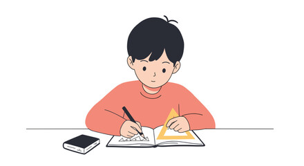 Boy drawing triangle in notebook while sitting at table  