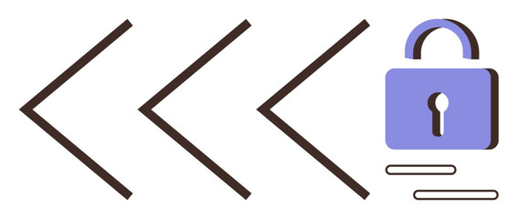 Three left-pointing arrows beside a padlock icon, representing data flow, security, and restricted access. Ideal for cybersecurity, encryption, privacy, technology, control direction simple landing
