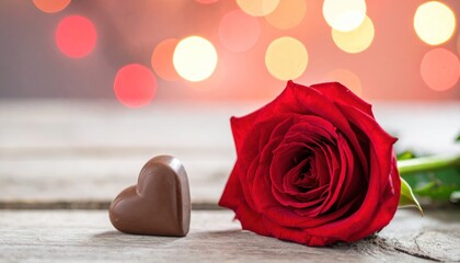 Romantic arrangement featuring a vibrant red rose and a chocolate heart candy