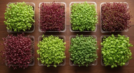 Aerial shot of nine different types of microgreens growing in plastic trays, natural lighting, earthy wooden table.