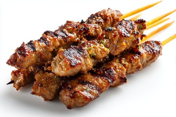 Grilled soya skewers ready to enjoy on a white background with juicy meat and a tantalizing charred finish