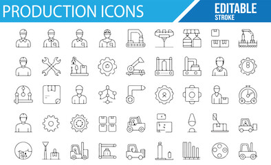 A collection of editable production and manufacturing icons, including workers, machinery, tools, and production lines.