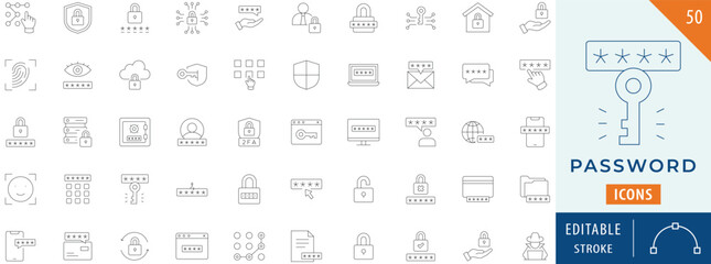 Password icon collection set. Editable stroke.