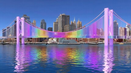 Fototapeta premium Colorful Bridge, Cityscape, Urban Landscape, and Water Reflection. Modern bridge with rainbow colors in an urban skyline reflecting in water.