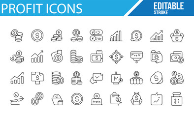 Set of Editable Icons Depicting Profit, Earnings, and Revenue