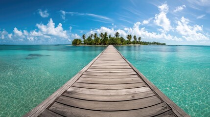 Fototapeta premium Long wooden pier over turquoise ocean leading to lush tropical island with palm trees. Wide-angle summer scene under blue sky with soft clouds, ideal for vacation, beach travel, and coastal serenity. 