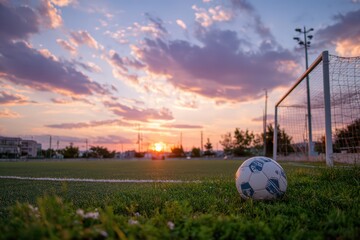 empty football field during sunset, ball and goal post