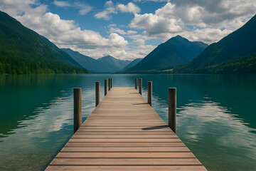 Fototapeta premium Wooden Dock Extending into Mountain Lake with Scenic Forest View