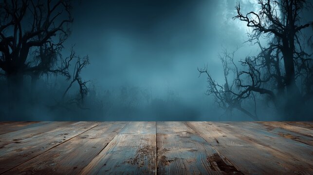 Spooky halloween backdrop with eerie wooden planks and misty forest ambiance for festive decorations