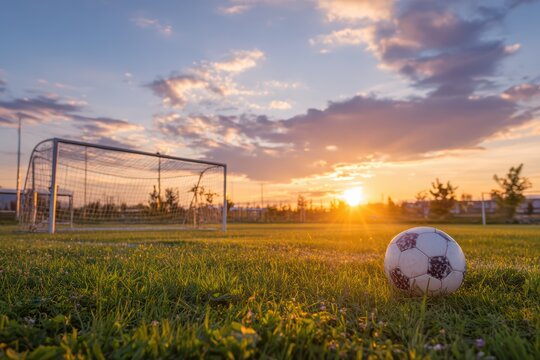 empty football field during sunset, ball and goal post - Powered by Adobe
