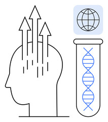 Silhouette of a head with upward arrows, DNA in a test tube, globe outline. Ideal for science progress, tech research, innovation, biotechnology, global networking, education simple flat metaphor