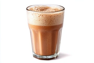 Frothy pulled tea in a glass, showcasing the creamy texture and rich color of teh tarik against a white background, perfect for enjoying during afternoon breaks or social gatherings