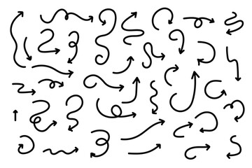 A collection of hand-drawn arrows in various directions and styles. Ideal for creative design projects. Vector illustration.