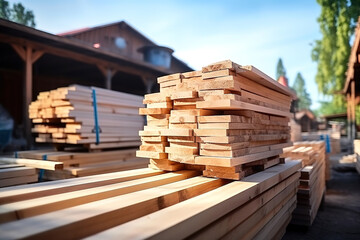 Fototapeta premium Incredible Boards of fresh wood lie in the production workshop