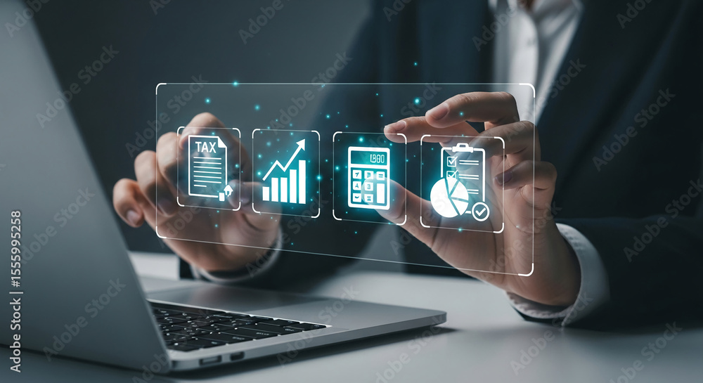 Poster hands interact with a transparent digital interface displaying tax document, graph, calculator, and 