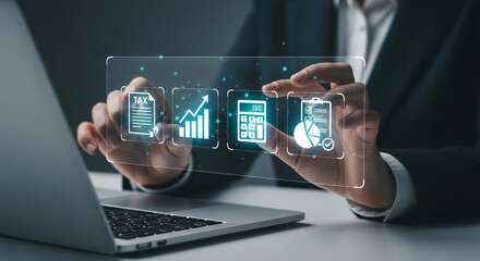 Hands interact with a transparent digital interface displaying tax document, graph, calculator, and checklist icons, showcasing modern financial management and technology integration