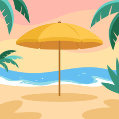 Vacation and travel concept. Umbrella on the beach. Vector illustration in flat style.