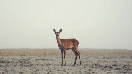 A single deer standing on a barren land with no vegetation 
