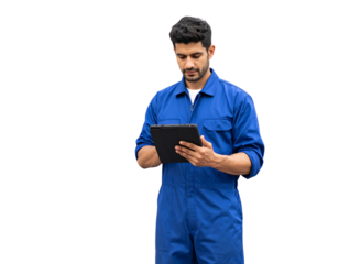 Auto Technician Using Digital Tablet for Vehicle Diagnostics, isolated on transparent background PNG