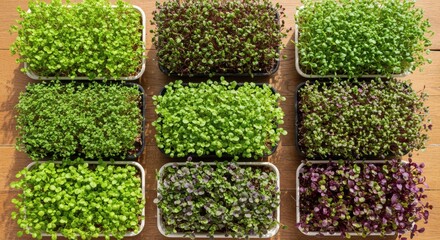 Nine trays of assorted microgreens in various growth stages on rustic wooden table, overhead view, showing vibrant green.