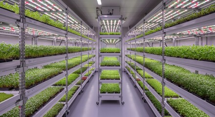 Vertical microgreens growing room with mobile shelving units, trays filled with fresh green sprouts under grow lights.